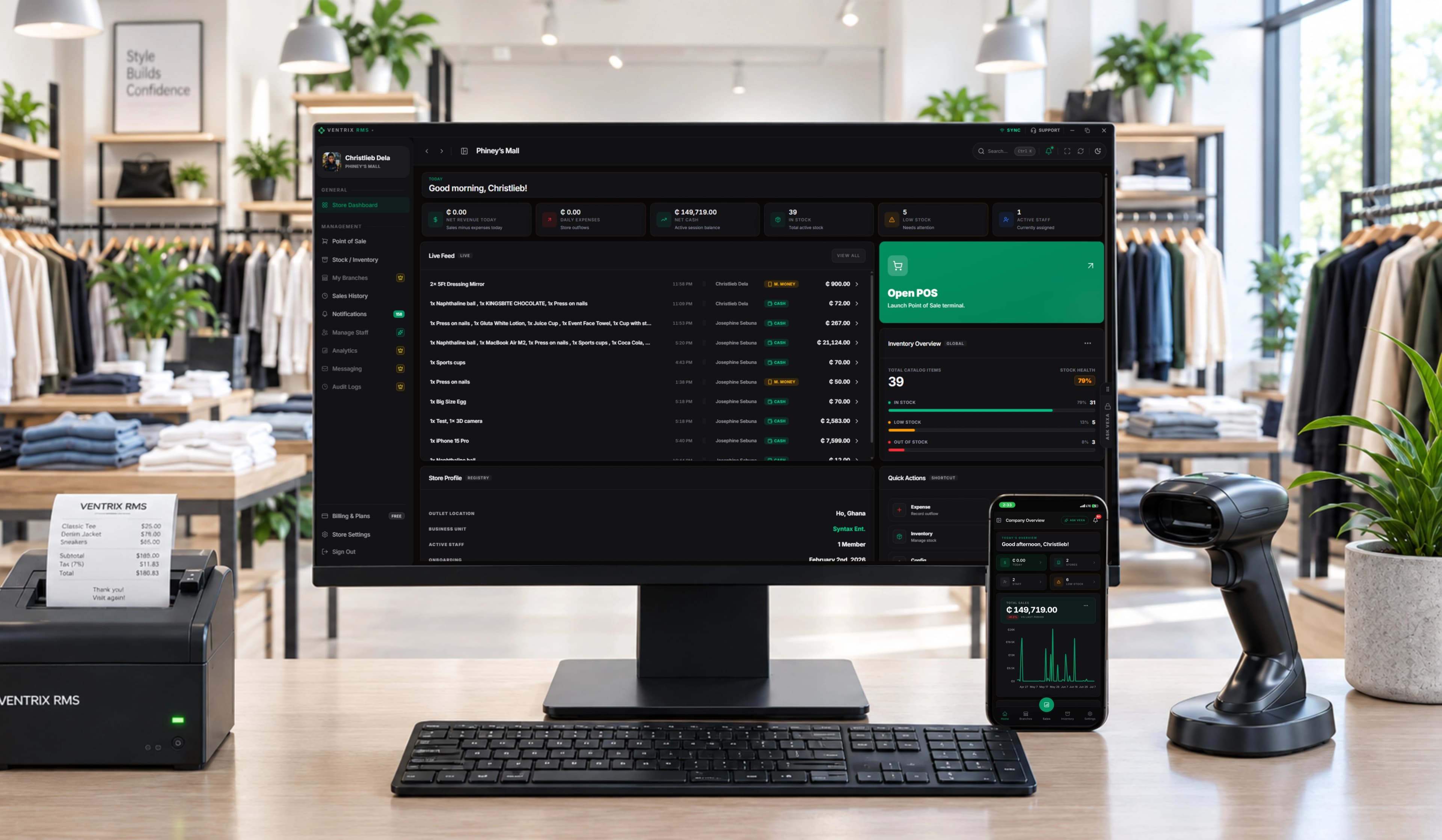 Ventrix RMS unified retail POS and inventory management interface